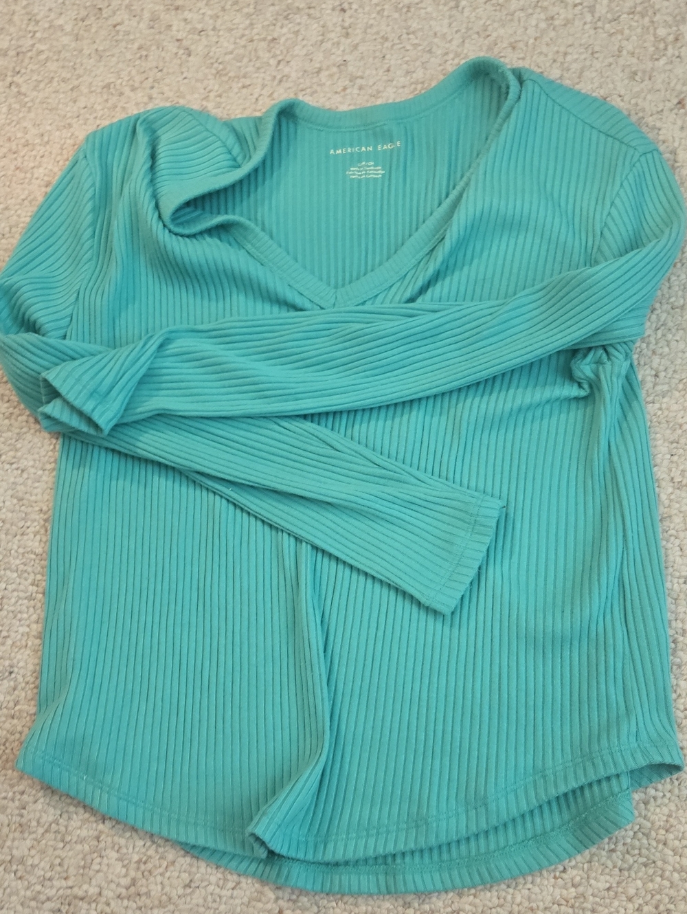 American Eagle Outfitters Teal Ribbed V-Neck Long Sleeve Shirt